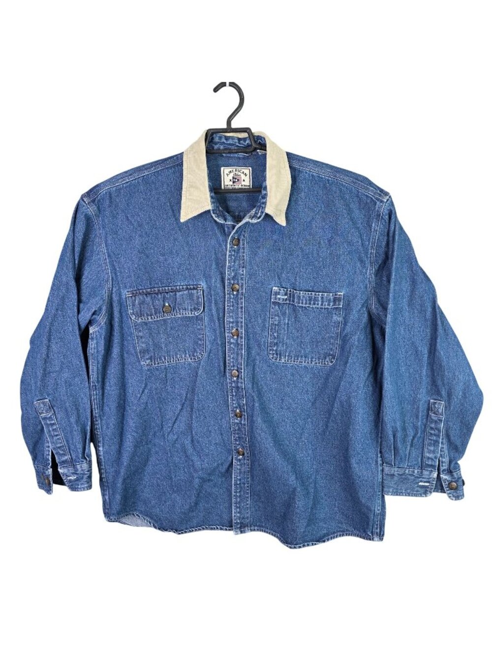 Mens American Blue Authentic Blue Denim Jacket Corduroy Collar Button Up Size XL
